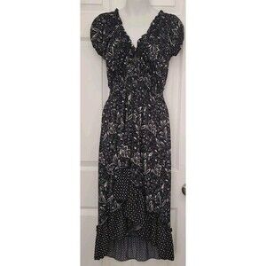 646 Main Black V-Neck High Low Paisley Womens Dress Size S/M Poly/Spandex
